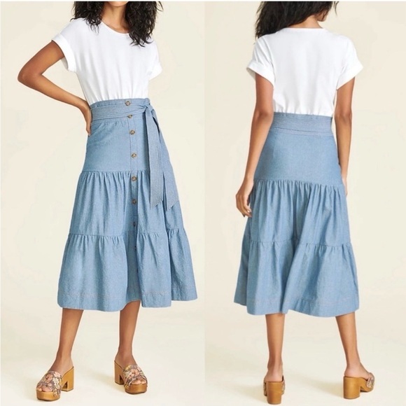 Veronica Beard Chambray Blue Midi Skirt with attached white super soft tshirt. - Picture 2 of 3